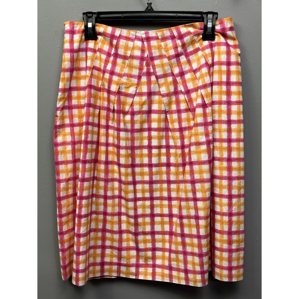 Talbots Skirt Womens 10 Pink Orange Plaid Watercolor Pleated Cotton Knee Length